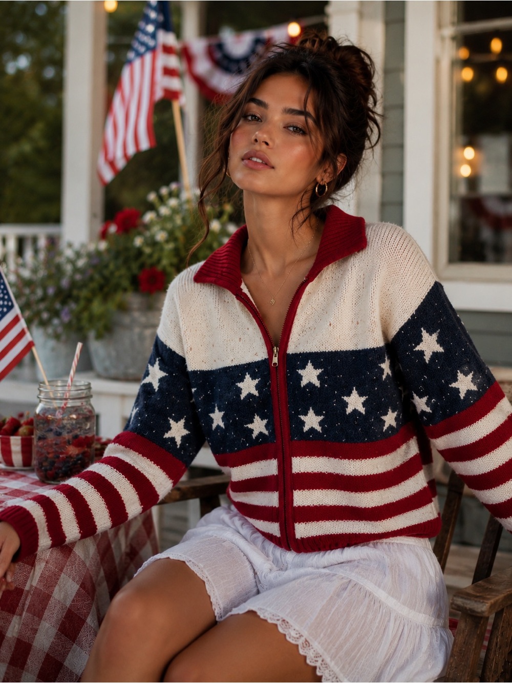 Vintage 90s Shaver Lake USA Flag Sweater M Patriotic Stars Stripes Cardigan L
